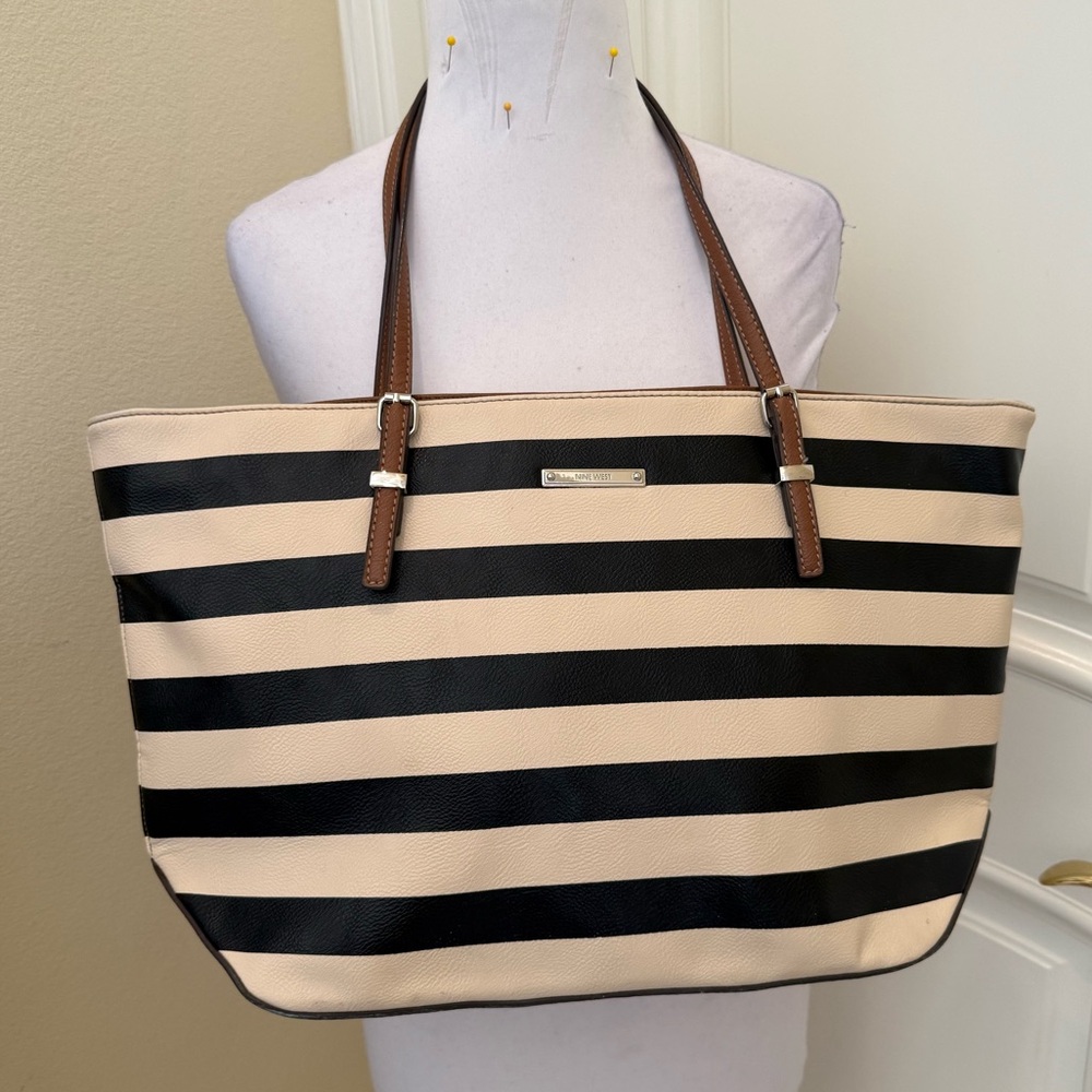 Nine West Striped Black and Cream Tote Bag
